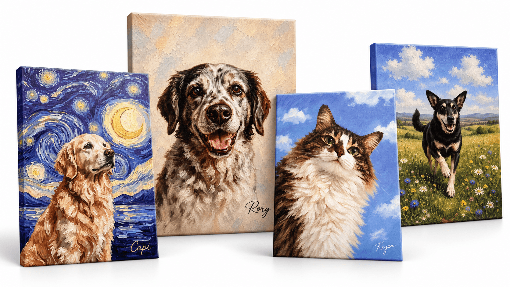 Retratos de mascotas impresos en lienzo: un golden retriever en estilo noche estrellada, un perro manchado, un gato atigrado y un perro corriendo en un campo.