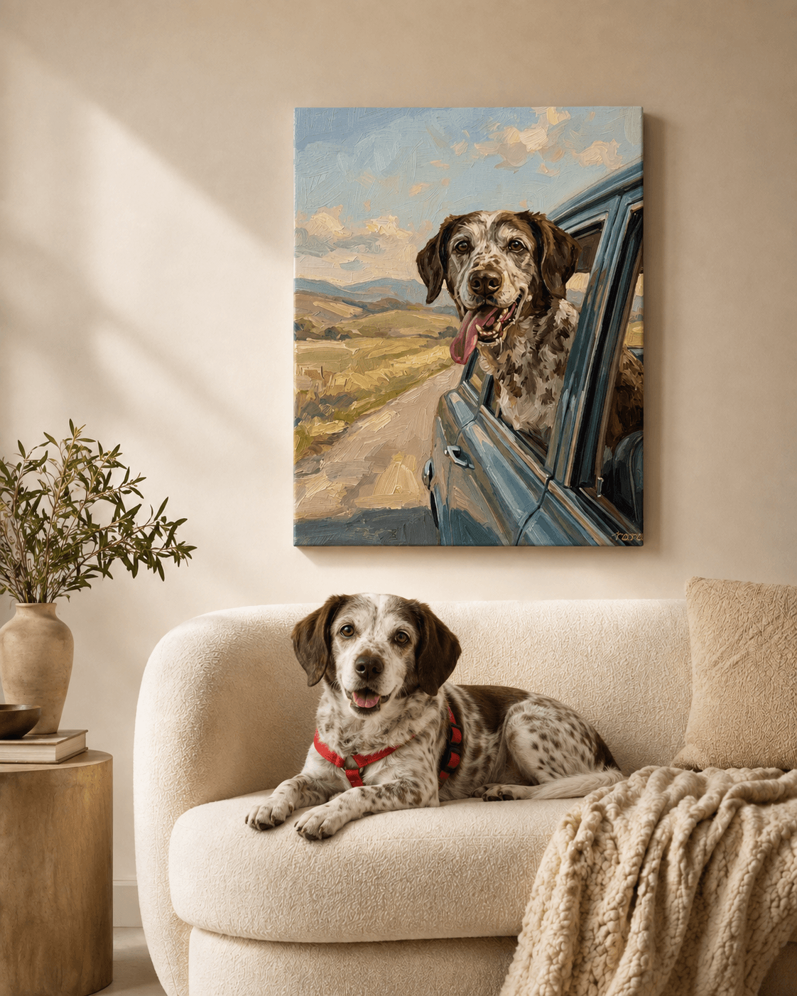 Retrato de mascota enmarcado, colgado en la pared de una casa